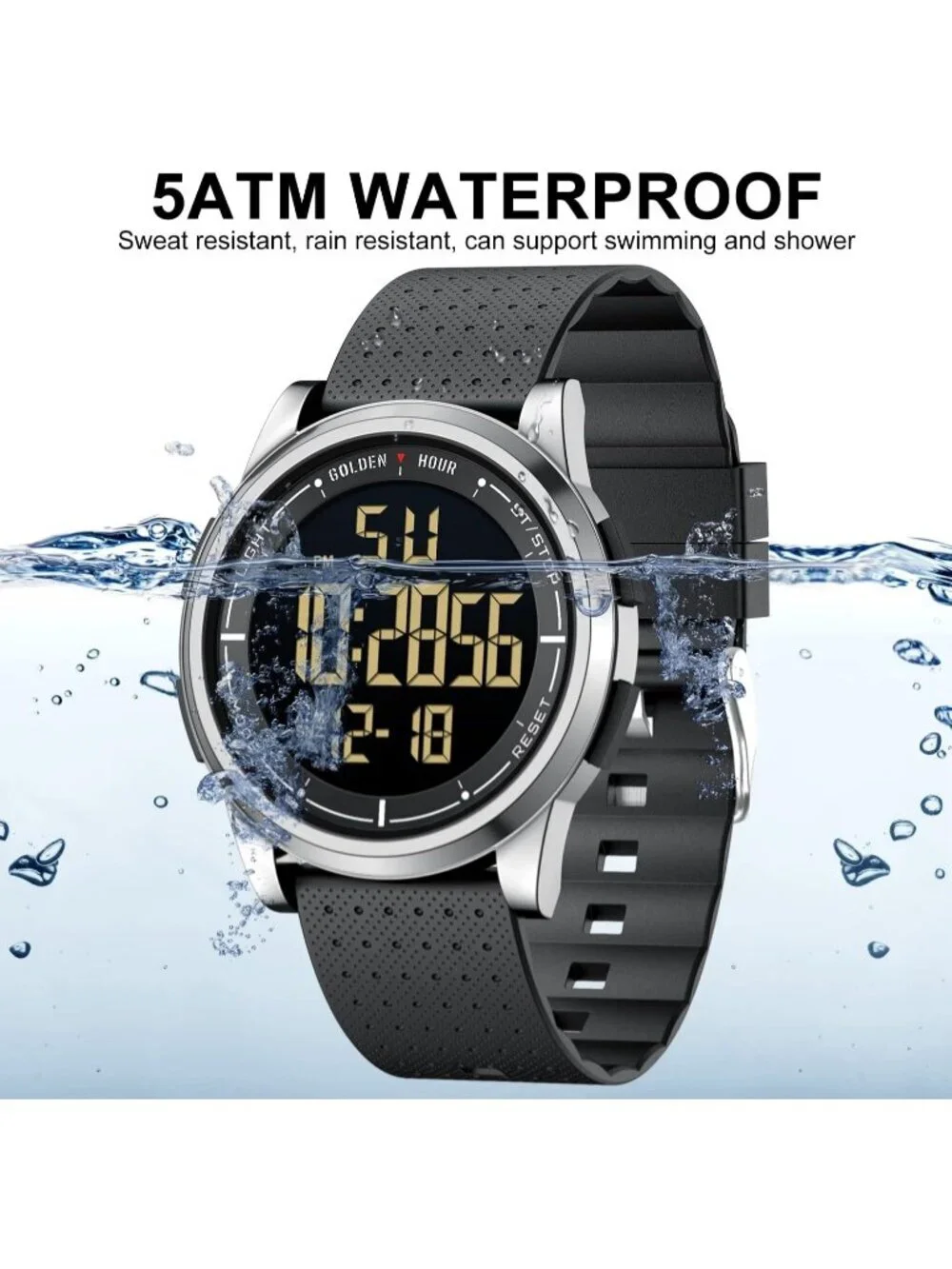 Men's Silver Rubber Strap Ultra-Thin Minimalist Sports Waterproof Digital Watch
